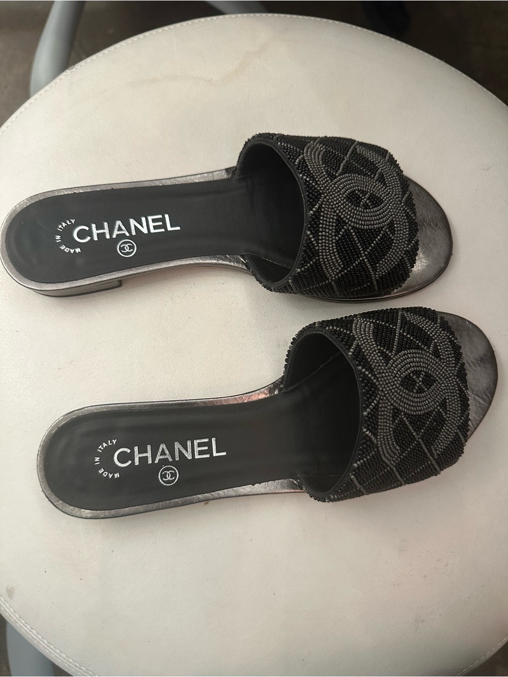 CHANEL Black Beaded Slide Mules